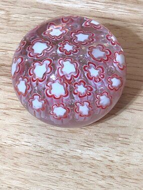 Art Glass Paperweight Pink Red White Millefiori Floral Round Desk Decor